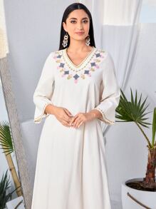 Modelyn Floral Embroidery V Neck Modest Dress Long Evening Dresses - White - View 5