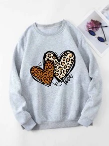 SHEIN LUNE Plus Leopard & Heart Print Thermal Lined Sweatshirt - Light Grey - View 1