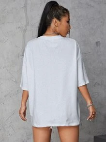 SHEIN EZwear Áo thun nữ Lá thư Loại bướm Giải trí - Màu Xám nhạt - Xem 2