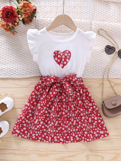 Genkimix Kids meninas pequenas Vestido com cinto florzinhas & impressão de coração acabamento de babados