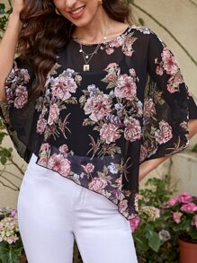 EMERY ROSE Floral Print Batwing Sleeve Asymmetrical Hem Blouse,Three Quarter Sleeve Tops - Multicolor - View 1