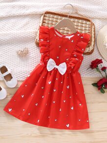 Toddler Girls Heart Print Ruffle Trim Bow Front Dress - Red - View 1