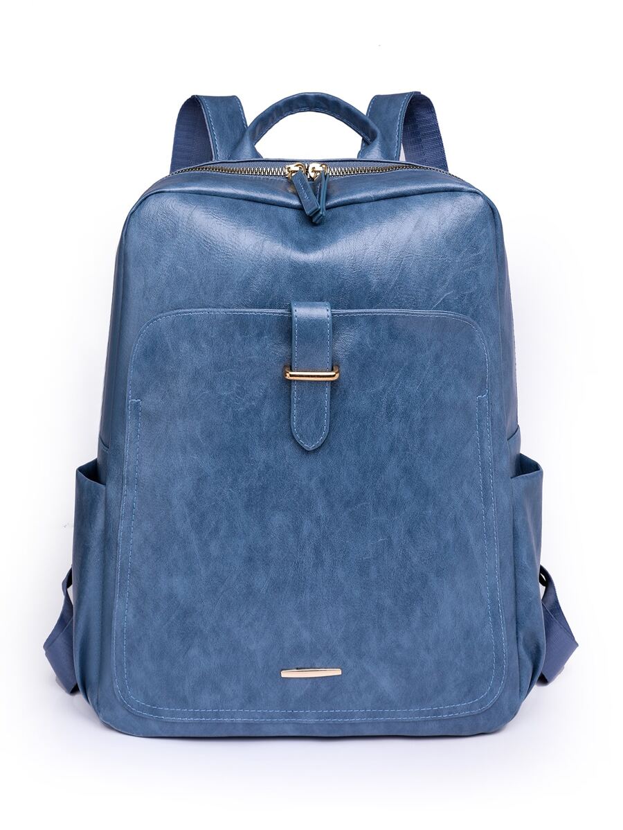 Metal Decor Functional Backpack Zipper Adjustable Strap - Blue - View 1