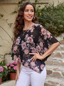 EMERY ROSE Floral Print Batwing Sleeve Asymmetrical Hem Blouse,Three Quarter Sleeve Tops - Multicolor - View 3