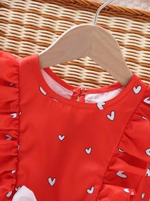 Toddler Girls Heart Print Ruffle Trim Bow Front Dress - Red - View 4