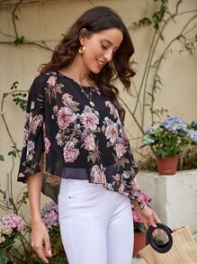 EMERY ROSE Floral Print Batwing Sleeve Asymmetrical Hem Blouse,Three Quarter Sleeve Tops - Multicolor - View 5