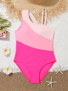 Tween Girl Colorblock Asymmetrical Neck One Piece Swimsuit