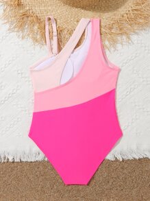 Tween Girl Colorblock Asymmetrical Neck One Piece Swimsuit