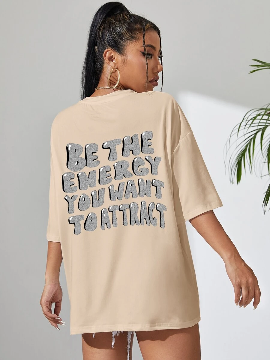 SHEIN EZwear Camiseta de hombros caídos con estampado de slogan - Albaricoque - Ver 1