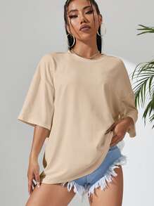 SHEIN EZwear Camiseta de hombros caídos con estampado de slogan - Albaricoque - Ver 2