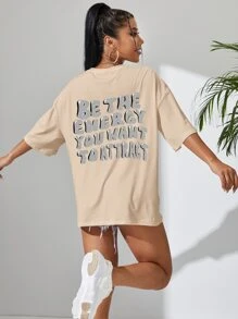 SHEIN EZwear Camiseta de hombros caídos con estampado de slogan - Albaricoque - Ver 3