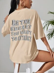 SHEIN EZwear Camiseta de hombros caídos con estampado de slogan - Albaricoque - Ver 4