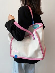 度假,多巴胺風格,預科生,撞色鑲邊單肩手提包書包,適合畢業生、青少年女孩、新生、大二、初中和高中學生、大學和高中,非常適合戶外、旅行和返校 - 粉色 - 查看 1