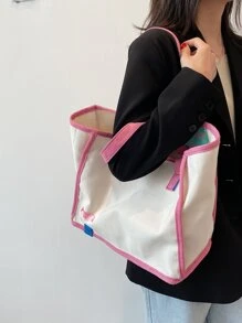 度假,多巴胺風格,預科生,撞色鑲邊單肩手提包書包,適合畢業生、青少年女孩、新生、大二、初中和高中學生、大學和高中,非常適合戶外、旅行和返校 - 粉色 - 查看 2