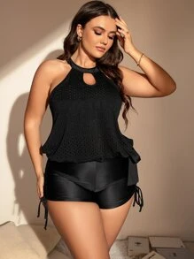 Plus Size Cut Out Tie Side Tankini Summer Beach - Black - View 3