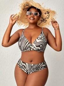 SHEIN Slayr 大尺碼全版印花比基尼套裝，適用於夏季海灘 - 彩色 - 查看 1