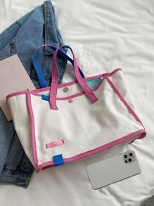 度假,多巴胺風格,預科生,撞色鑲邊單肩手提包書包,適合畢業生、青少年女孩、新生、大二、初中和高中學生、大學和高中,非常適合戶外、旅行和返校 - 粉色 - 查看 7