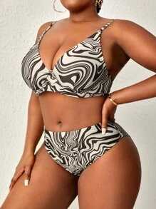 SHEIN Slayr 大尺碼全版印花比基尼套裝，適用於夏季海灘 - 彩色 - 查看 3
