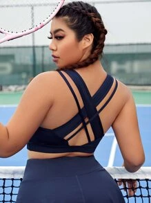 Tennis Basic Plus Criss Cross Back Sports Bra,Women Tennis Outfit - Navy Blue - View 1