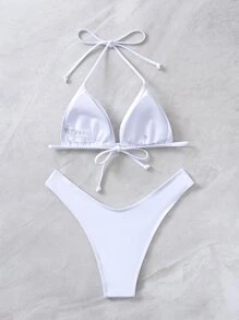 Swim Basics Summer Beach Solid Bikini Set Triangle Bra & Thong Bottom 2 Piece Bathing Suit - White - View 2
