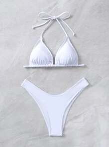 Swim Basics Summer Beach Solid Bikini Set Triangle Bra & Thong Bottom 2 Piece Bathing Suit - White - View 3