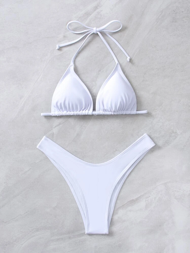 Swim Vcay Summer Beach Solid Bikini Set Triangle Bra & Thong Bottom 2 Piece Bathing Suit - White - View 6
