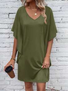 SHEIN LUNE Solid Butterfly Sleeve Tee Dress - Army Green - View 1