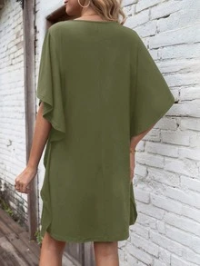 SHEIN LUNE Solid Butterfly Sleeve Tee Dress - Army Green - View 2