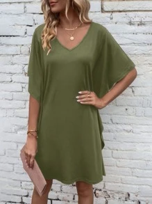 SHEIN LUNE Solid Butterfly Sleeve Tee Dress - Army Green - View 3