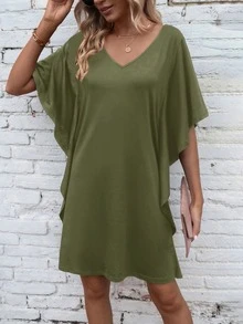 SHEIN LUNE Solid Butterfly Sleeve Tee Dress - Army Green - View 4