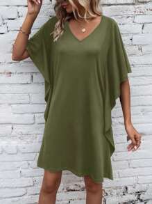 SHEIN LUNE Solid Butterfly Sleeve Tee Dress - Army Green - View 5