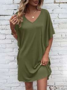 SHEIN LUNE Solid Butterfly Sleeve Tee Dress - Army Green - View 6