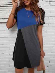EMERY ROSE 撞色蕾絲拼接插肩袖T恤洋裝 - 藍色 - 查看 6