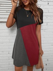 Đầm Tương phản ren Khối Màu Giải trí - Màu xám đen - Xem 4