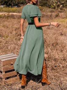 Breezaya Surplice Front Split Thigh A-line Dress Without Belt - Green - View 2