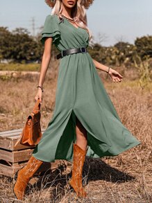 Breezaya Surplice Front Split Thigh A-line Dress Without Belt - Green - View 4