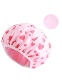 1pc EVA Shower Cap, Cute Heart Pattern Waterproof Disposable Shower Cap For Bathroom - Pink - View 1