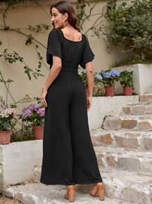 SHEIN LUNE Solid Wide Leg Jumpsuit - Black - View 2