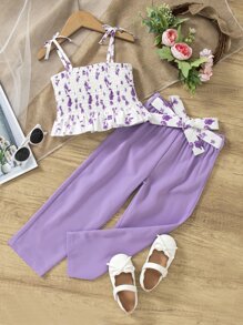 Toddler Girls Floral Print Tie Shoulder Ruffle Trim Cami Top & Trousers - Multicolor - View 1