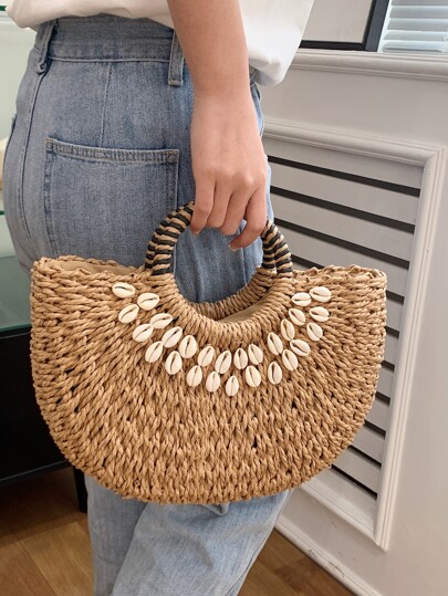 SHIMEINI حقيبة قش جوفاء عصرية 2025، حقيبة يد نصف دائرية مصنوعة يدويًا، مناسبة للشاطئ والاستخدام اليومي والسفر والمناسبات والهدايا للنساء