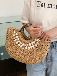 SHIMEINI 2025 New Fashion Hollow Straw Bag, Handwoven Half-Circle Handbag, Suitable For Beach Vacation, Daily Use, Travel, Festivals, Dates, Gifts For Women