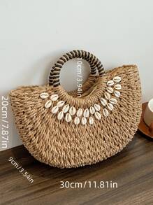 SHIMEINI 2025 New Fashion Hollow Straw Bag, Handwoven Half-Circle Handbag, Suitable For Beach Vacation, Daily Use, Travel, Festivals, Dates, Gifts For Women