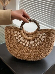 SHIMEINI 2025 New Fashion Hollow Straw Bag, Handwoven Half-Circle Handbag, Suitable For Beach Vacation, Daily Use, Travel, Festivals, Dates, Gifts For Women