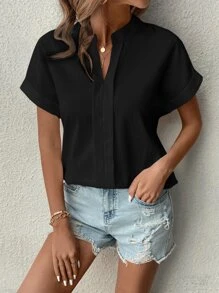 SHEIN Clasi Notched Neck Batwing Sleeve Blouse - Black - View 1