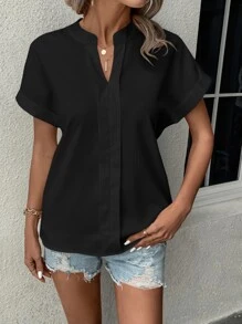 SHEIN Clasi Notched Neck Batwing Sleeve Blouse - Black - View 5