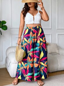 SHEIN Clasi Plus Floral Print Wide Leg Trousers - Multicolor - View 1