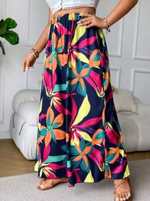 SHEIN Clasi Plus Floral Print Wide Leg Trousers - Multicolor - View 3