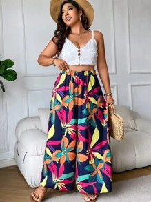 SHEIN Clasi Plus Floral Print Wide Leg Trousers - Multicolor - View 7
