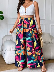 SHEIN Clasi Plus Floral Print Wide Leg Trousers - Multicolor - View 8