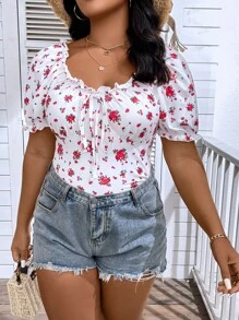 SHEIN Franclia 大碼印花前打結褶邊泡泡袖T恤 - 白色 - 查看 1